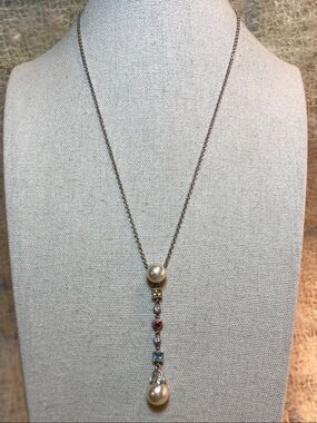925 Sterling Silver Pearl & Multistone Drop Necklace 17” Extender